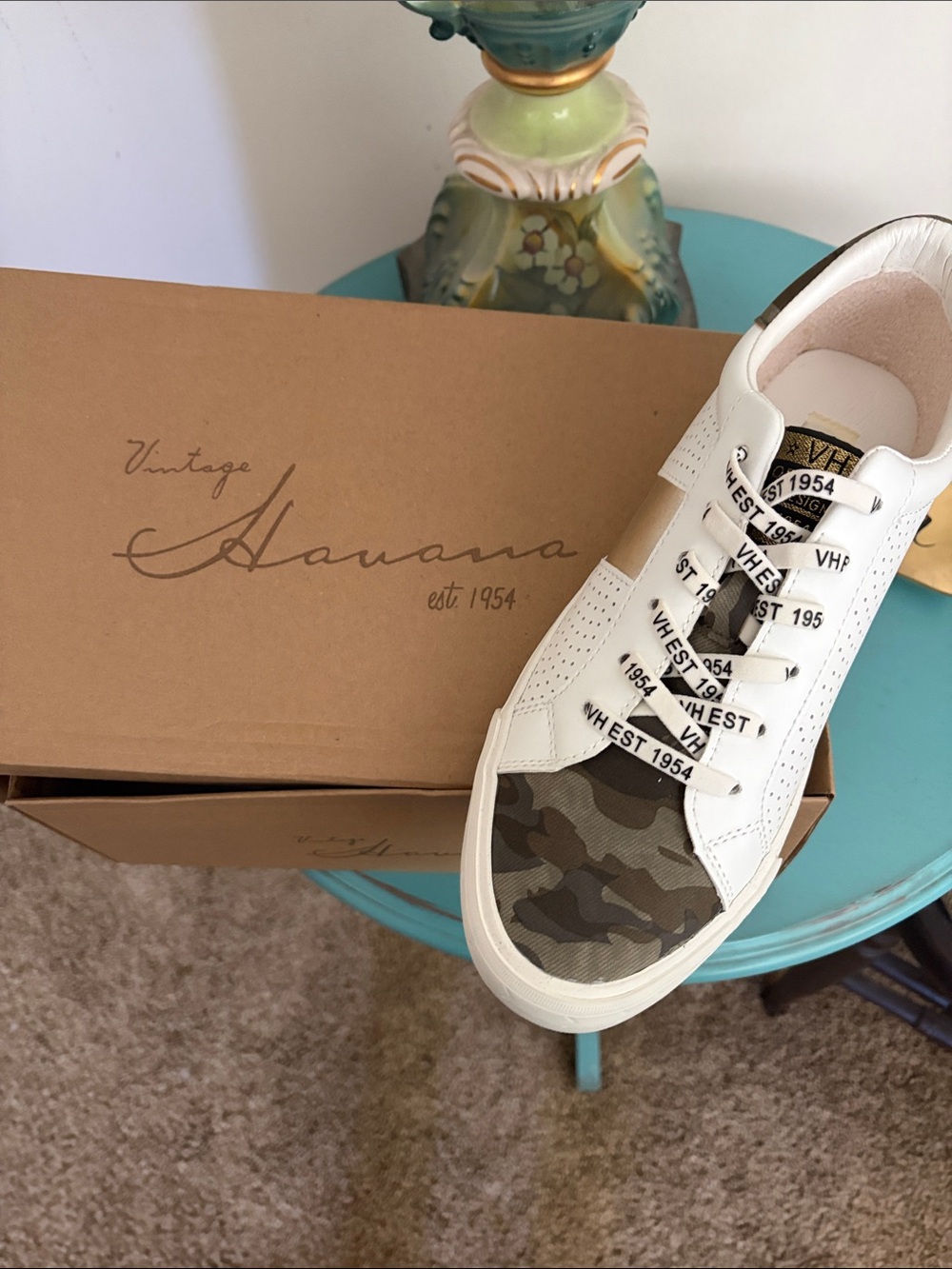 Vintage Havana White Sneaker with Olive Camo Toe  New in the box